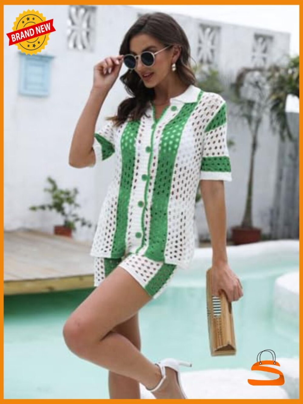 2 Piece Knit Shorts Set - Button Down Shirt & Shorts - Picture 4 of 7